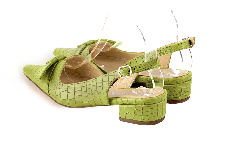 Women's pistachio green elegant slingback heels. Tapered toe. Low block heels - Rear view